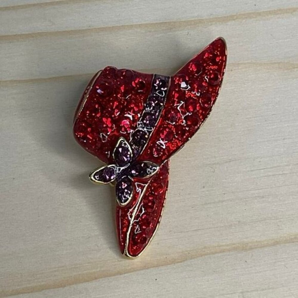 Vintage Rhinestone Red Hat Brooch Pin With Purple Flower Accent